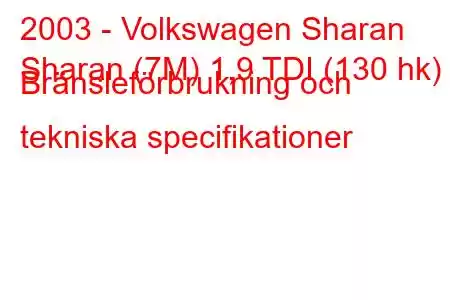 2003 - Volkswagen Sharan
Sharan (7M) 1,9 TDI (130 hk) Bränsleförbrukning och tekniska specifikationer