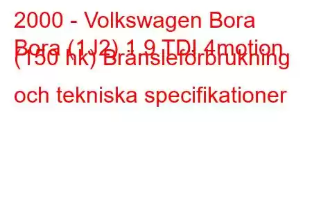 2000 - Volkswagen Bora
Bora (1J2) 1.9 TDI 4motion (150 hk) Bränsleförbrukning och tekniska specifikationer