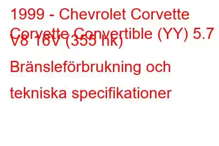 1999 - Chevrolet Corvette
Corvette Convertible (YY) 5.7 i V8 16V (355 hk) Bränsleförbrukning och tekniska specifikationer