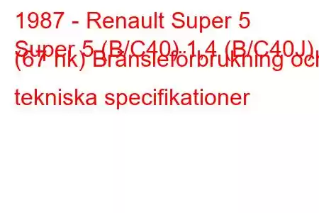 1987 - Renault Super 5
Super 5 (B/C40) 1,4 (B/C40J) (67 hk) Bränsleförbrukning och tekniska specifikationer