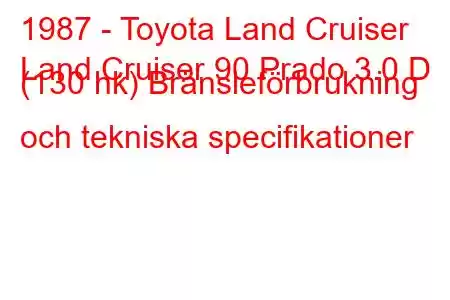 1987 - Toyota Land Cruiser
Land Cruiser 90 Prado 3.0 D (130 hk) Bränsleförbrukning och tekniska specifikationer