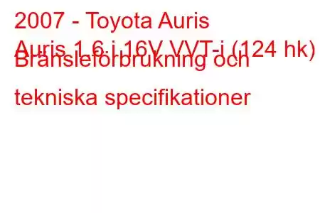 2007 - Toyota Auris
Auris 1.6 i 16V VVT-i (124 hk) Bränsleförbrukning och tekniska specifikationer