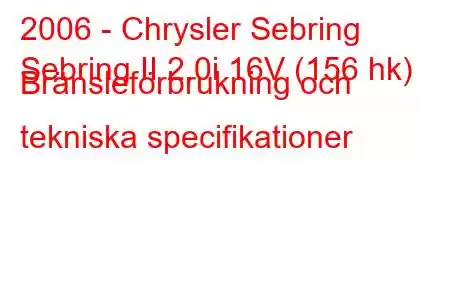 2006 - Chrysler Sebring
Sebring II 2.0i 16V (156 hk) Bränsleförbrukning och tekniska specifikationer