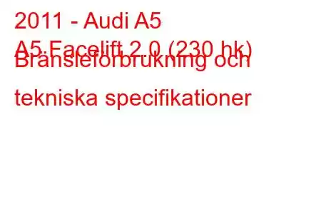 2011 - Audi A5
A5 Facelift 2.0 (230 hk) Bränsleförbrukning och tekniska specifikationer