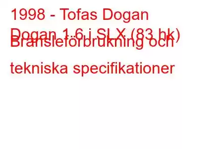 1998 - Tofas Dogan
Dogan 1.6 i SLX (83 hk) Bränsleförbrukning och tekniska specifikationer