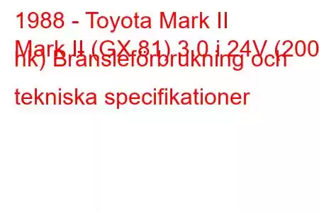 1988 - Toyota Mark II
Mark II (GX 81) 3.0 i 24V (200 hk) Bränsleförbrukning och tekniska specifikationer