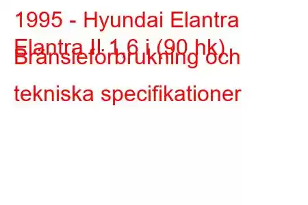 1995 - Hyundai Elantra
Elantra II 1,6 i (90 hk) Bränsleförbrukning och tekniska specifikationer