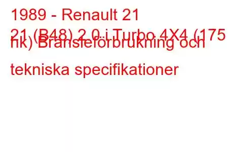 1989 - Renault 21
21 (B48) 2.0 i Turbo 4X4 (175 hk) Bränsleförbrukning och tekniska specifikationer