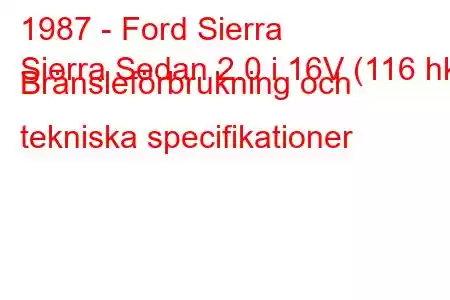 1987 - Ford Sierra
Sierra Sedan 2.0 i 16V (116 hk) Bränsleförbrukning och tekniska specifikationer