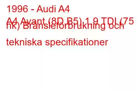 1996 - Audi A4
A4 Avant (8D,B5) 1,9 TDI (75 hk) Bränsleförbrukning och tekniska specifikationer