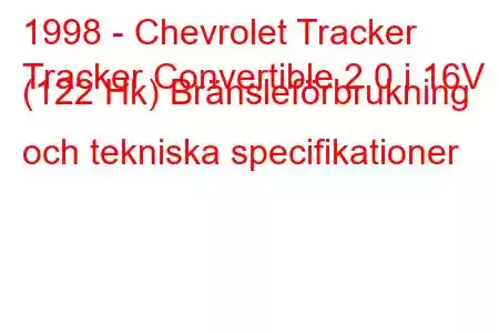 1998 - Chevrolet Tracker
Tracker Convertible 2.0 i 16V (122 Hk) Bränsleförbrukning och tekniska specifikationer