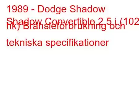 1989 - Dodge Shadow
Shadow Convertible 2,5 i (102 hk) Bränsleförbrukning och tekniska specifikationer