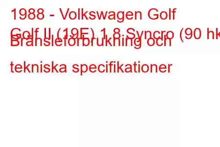 1988 - Volkswagen Golf
Golf II (19E) 1.8 Syncro (90 hk) Bränsleförbrukning och tekniska specifikationer