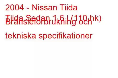 2004 - Nissan Tiida
Tiida Sedan 1.6 i (110 hk) Bränsleförbrukning och tekniska specifikationer