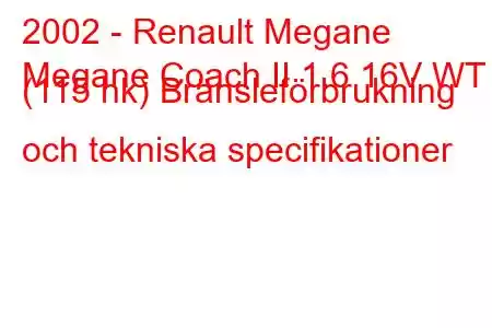 2002 - Renault Megane
Megane Coach II 1.6 16V WT (115 hk) Bränsleförbrukning och tekniska specifikationer