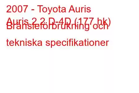 2007 - Toyota Auris
Auris 2.2 D-4D (177 hk) Bränsleförbrukning och tekniska specifikationer