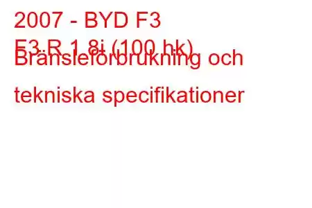 2007 - BYD F3
F3 R 1.8i (100 hk) Bränsleförbrukning och tekniska specifikationer