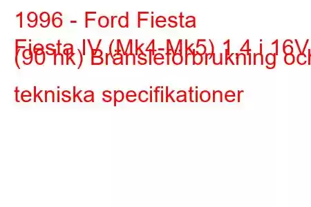 1996 - Ford Fiesta
Fiesta IV (Mk4-Mk5) 1,4 i 16V (90 hk) Bränsleförbrukning och tekniska specifikationer