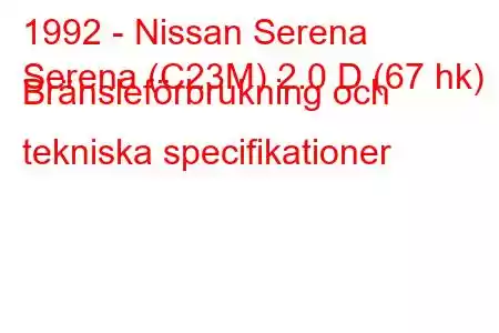 1992 - Nissan Serena
Serena (C23M) 2.0 D (67 hk) Bränsleförbrukning och tekniska specifikationer