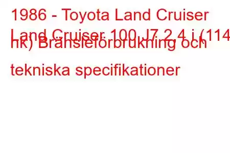 1986 - Toyota Land Cruiser
Land Cruiser 100 J7 2,4 i (114 hk) Bränsleförbrukning och tekniska specifikationer