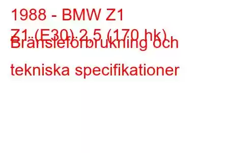 1988 - BMW Z1
Z1 (E30) 2,5 (170 hk) Bränsleförbrukning och tekniska specifikationer