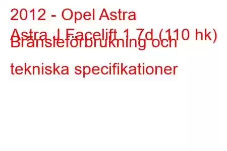 2012 - Opel Astra
Astra J Facelift 1.7d (110 hk) Bränsleförbrukning och tekniska specifikationer