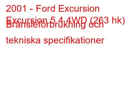 2001 - Ford Excursion
Excursion 5.4 4WD (263 hk) Bränsleförbrukning och tekniska specifikationer