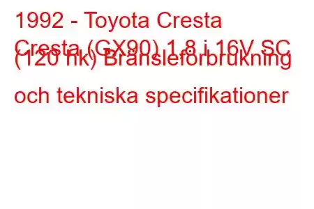 1992 - Toyota Cresta
Cresta (GX90) 1,8 i 16V SC (120 hk) Bränsleförbrukning och tekniska specifikationer