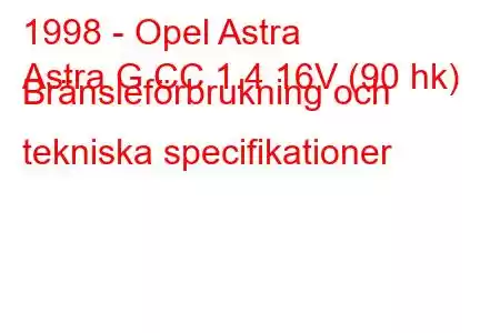 1998 - Opel Astra
Astra G CC 1.4 16V (90 hk) Bränsleförbrukning och tekniska specifikationer