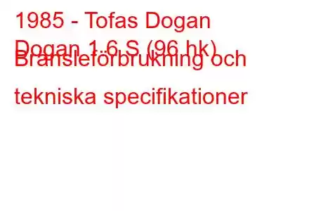 1985 - Tofas Dogan
Dogan 1.6 S (96 hk) Bränsleförbrukning och tekniska specifikationer