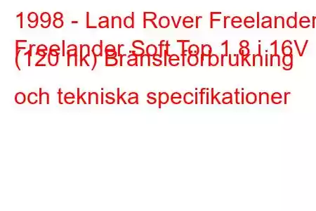 1998 - Land Rover Freelander
Freelander Soft Top 1.8 i 16V (120 hk) Bränsleförbrukning och tekniska specifikationer