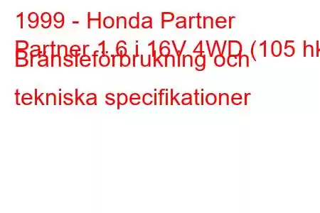 1999 - Honda Partner
Partner 1.6 i 16V 4WD (105 hk) Bränsleförbrukning och tekniska specifikationer