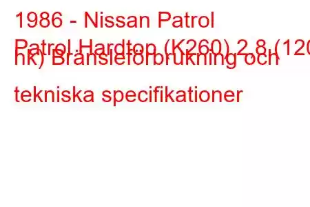 1986 - Nissan Patrol
Patrol Hardtop (K260) 2,8 (120 hk) Bränsleförbrukning och tekniska specifikationer