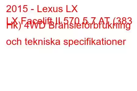 2015 - Lexus LX
LX Facelift II 570 5.7 AT (383 Hk) 4WD Bränsleförbrukning och tekniska specifikationer