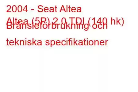 2004 - Seat Altea
Altea (5P) 2.0 TDI (140 hk) Bränsleförbrukning och tekniska specifikationer