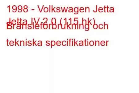 1998 - Volkswagen Jetta
Jetta IV 2.0 (115 hk) Bränsleförbrukning och tekniska specifikationer