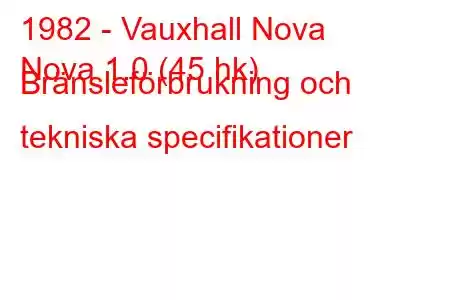 1982 - Vauxhall Nova
Nova 1.0 (45 hk) Bränsleförbrukning och tekniska specifikationer