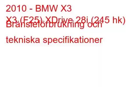 2010 - BMW X3
X3 (F25) XDrive 28i (245 hk) Bränsleförbrukning och tekniska specifikationer