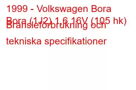 1999 - Volkswagen Bora
Bora (1J2) 1,6 16V (105 hk) Bränsleförbrukning och tekniska specifikationer