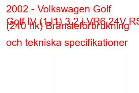 2002 - Volkswagen Golf
Golf IV (1J1) 3.2 i VR6 24V RSI (240 hk) Bränsleförbrukning och tekniska specifikationer