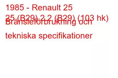 1985 - Renault 25
25 (B29) 2.2 (B29) (103 hk) Bränsleförbrukning och tekniska specifikationer