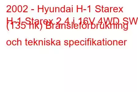 2002 - Hyundai H-1 Starex
H-1 Starex 2.4 i 16V 4WD SWB (135 hk) Bränsleförbrukning och tekniska specifikationer