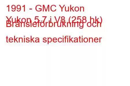 1991 - GMC Yukon
Yukon 5.7 i V8 (258 hk) Bränsleförbrukning och tekniska specifikationer