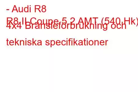 - Audi R8
R8 II Coupe 5.2 AMT (540 Hk) 4x4 Bränsleförbrukning och tekniska specifikationer