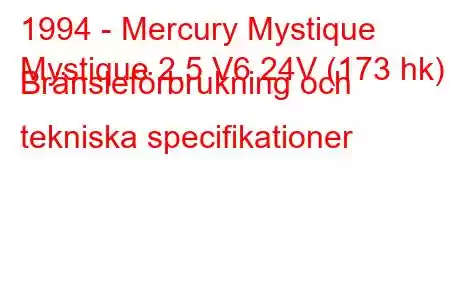 1994 - Mercury Mystique
Mystique 2.5 V6 24V (173 hk) Bränsleförbrukning och tekniska specifikationer