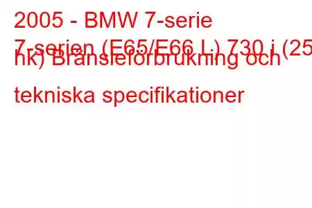 2005 - BMW 7-serie
7-serien (E65/E66 L) 730 i (258 hk) Bränsleförbrukning och tekniska specifikationer