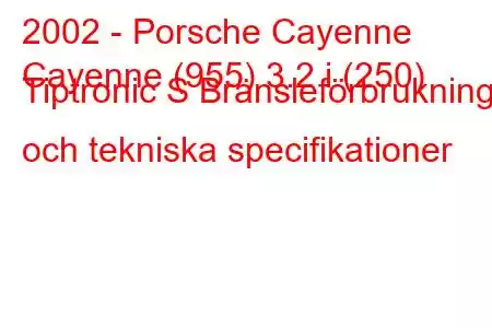 2002 - Porsche Cayenne
Cayenne (955) 3.2 i (250) Tiptronic S Bränsleförbrukning och tekniska specifikationer