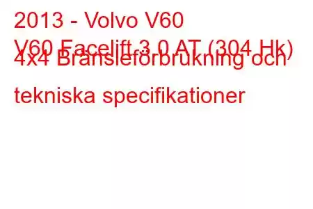 2013 - Volvo V60
V60 Facelift 3.0 AT (304 Hk) 4x4 Bränsleförbrukning och tekniska specifikationer