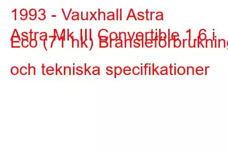 1993 - Vauxhall Astra
Astra Mk III Convertible 1.6 i Eco (71 hk) Bränsleförbrukning och tekniska specifikationer