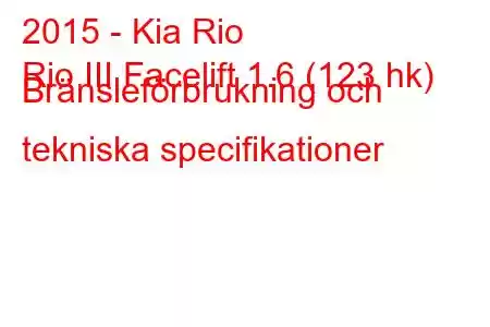 2015 - Kia Rio
Rio III Facelift 1.6 (123 hk) Bränsleförbrukning och tekniska specifikationer